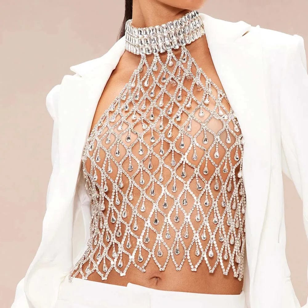 tops Stonefans Exaggeration Mesh Chest Chain Jewellery Rhinestone Fashion Costume Dance Bohemian Embellished Top Bra Decoration Gifts