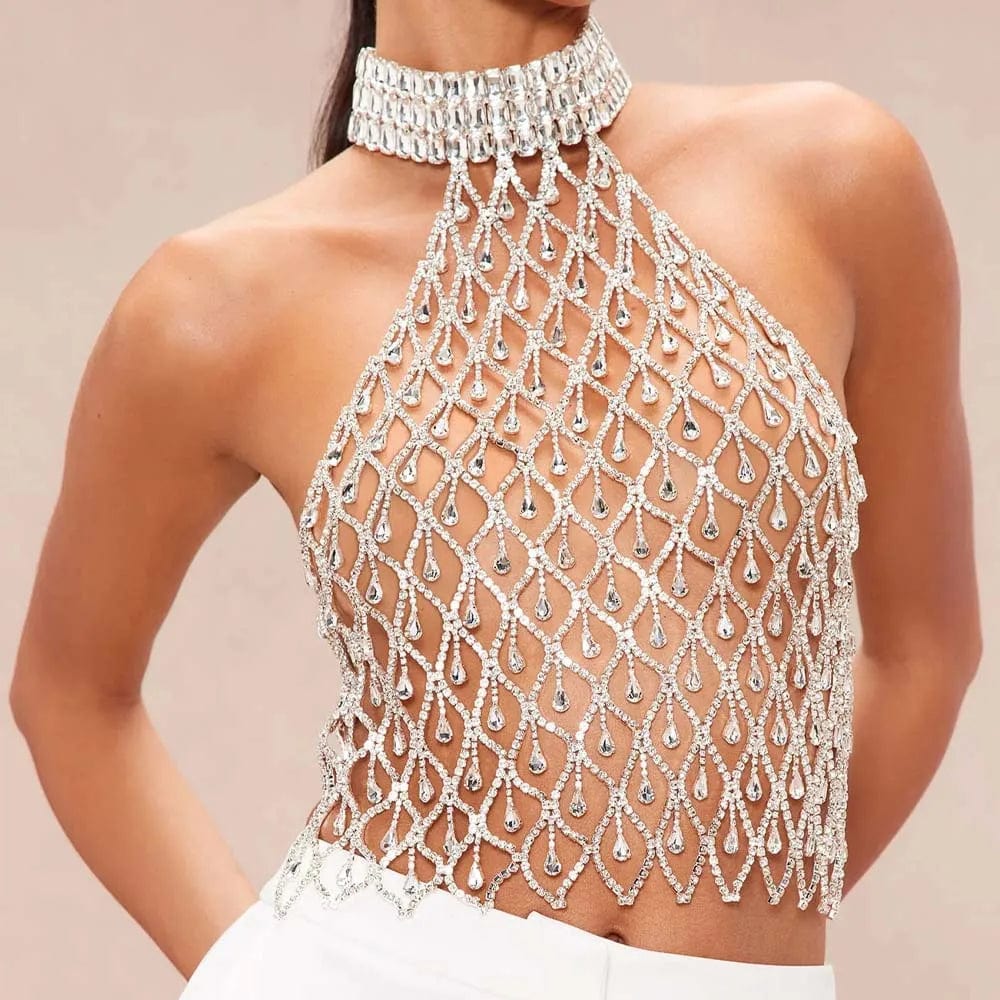 tops Stonefans Exaggeration Mesh Chest Chain Jewellery Rhinestone Fashion Costume Dance Bohemian Embellished Top Bra Decoration Gifts