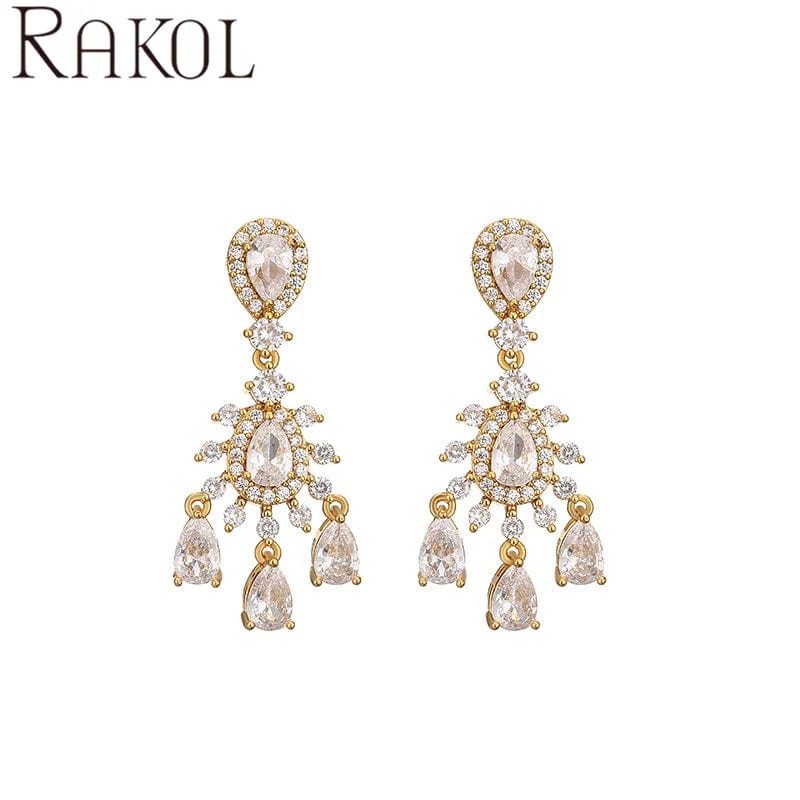 White / Gold RAKOL EP5426 baroque exquisite fashion design shining water drop crystal bridal dangle  earrings for wedding