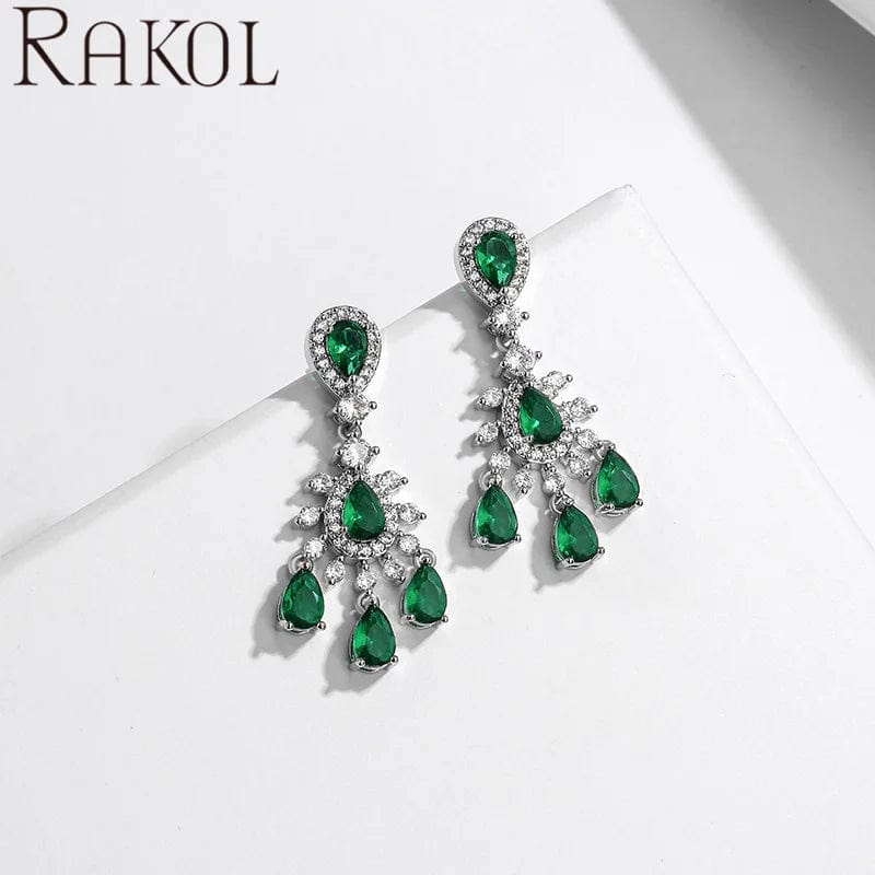 White / Green RAKOL EP5426 baroque exquisite fashion design shining water drop crystal bridal dangle  earrings for wedding