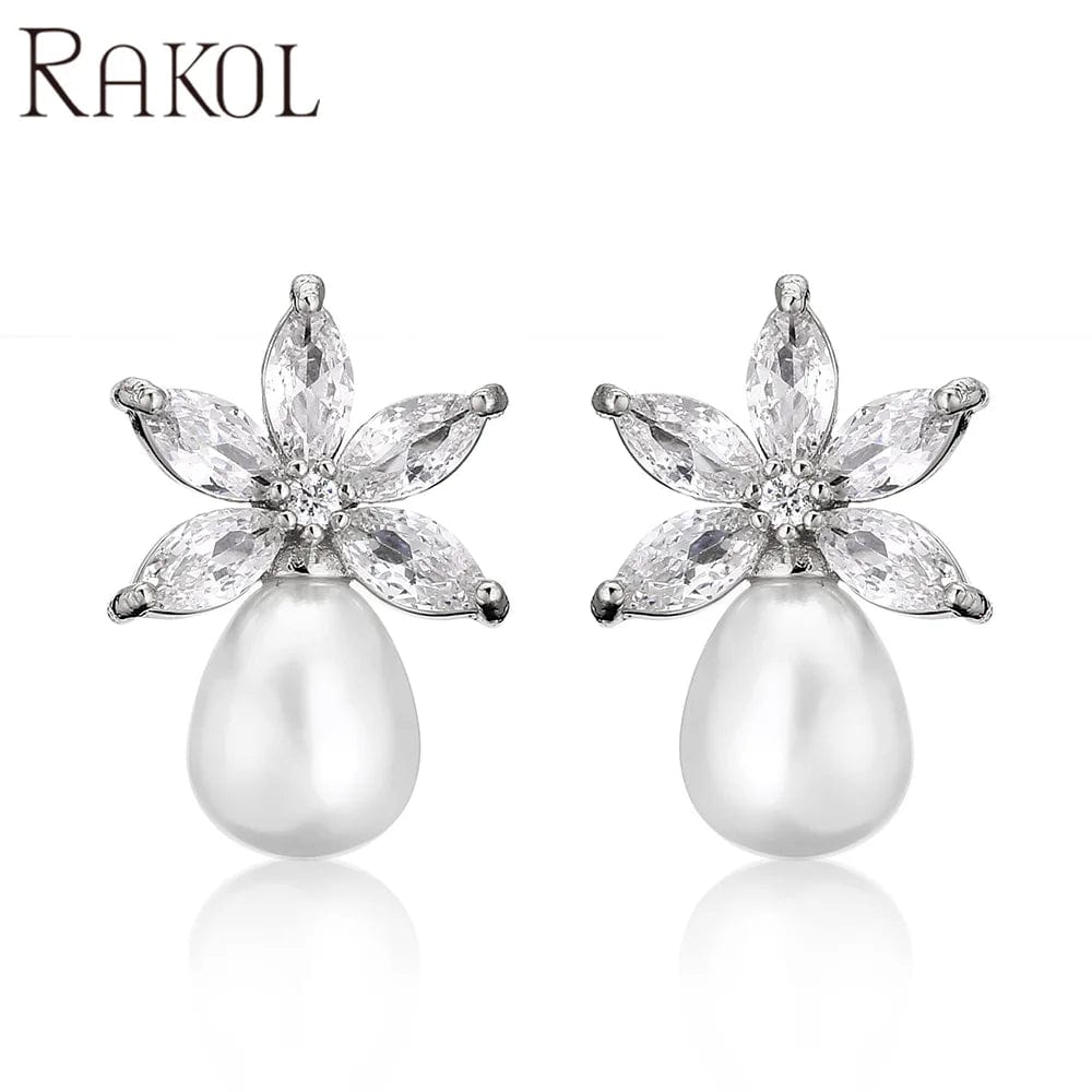 White RAKOL EP1161 2022 fashion jewelry cute pearl earring charms flower pearl earrings zirconia pearl earrings