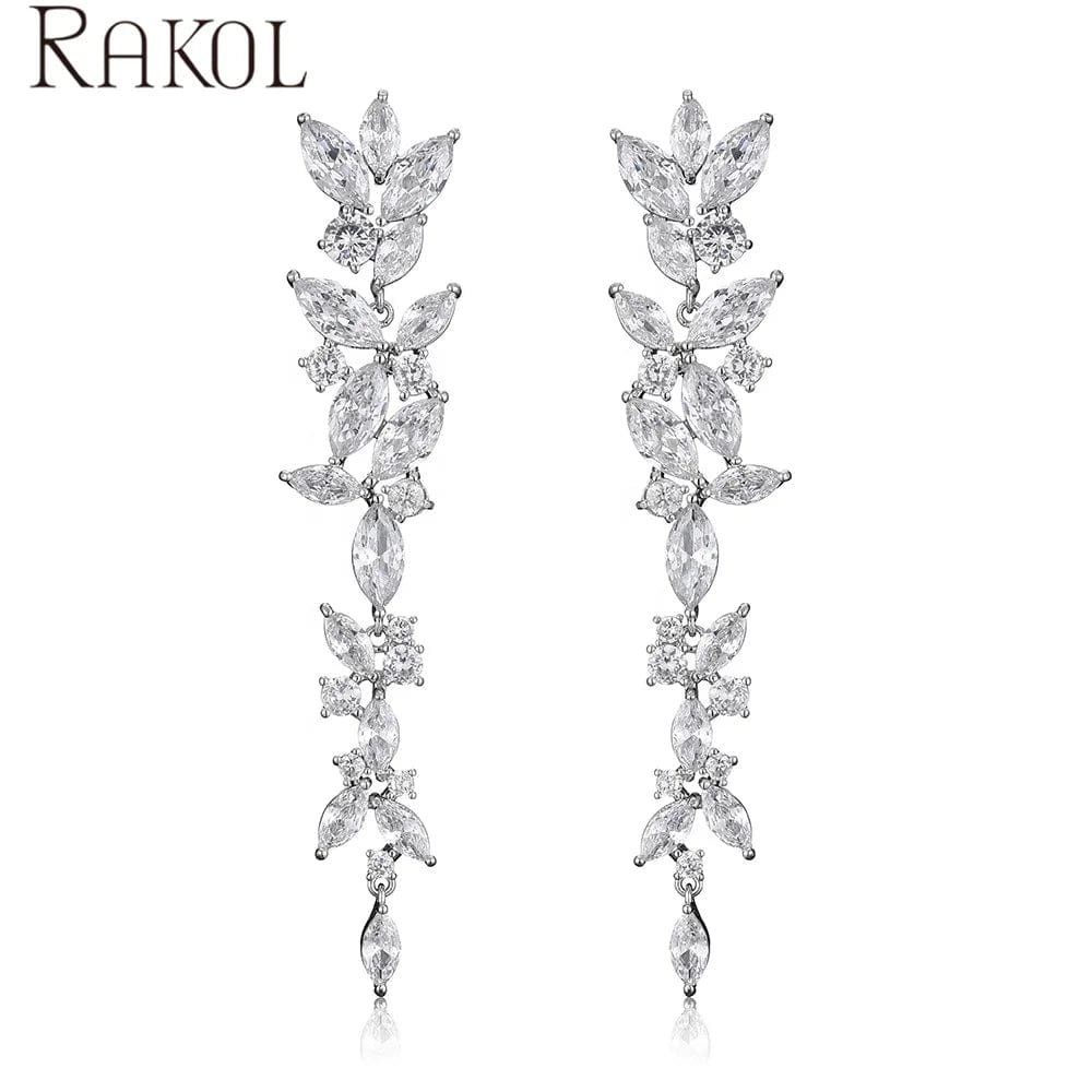 White RAKOL EP5010 ladies' elegant design long tassels shining crystal leaf shape women customized wedding statement dangle earrings