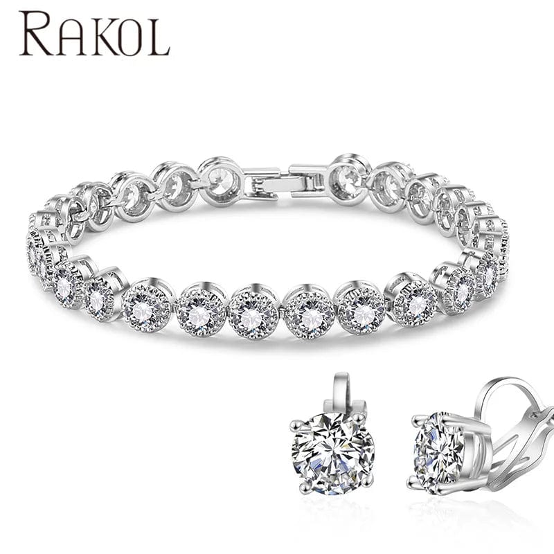 White RAKOL SP3131 Women fine Crystal Bead Bracelet Diamond Earrings Jewelry Set cubic zircon tennis bracelet earrings jewelry set