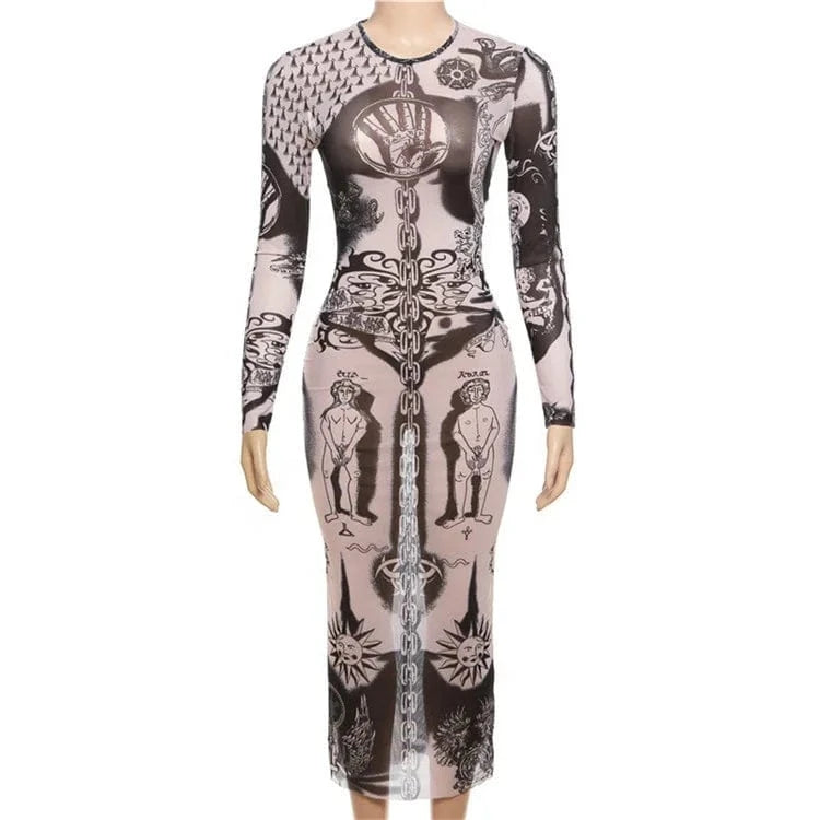 Women 2024 Spring Autumn Long Sleeve Mesh See Through Streetwear Bodycon Maxi Dress