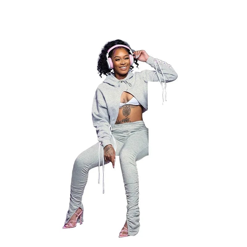 XL / Gray New Spring 2024 Custom Logo Women Sweatsuit Set Hooded Solid Color 2 Piece Outfit Cropped Top Sweat Pant Jogging Tracksuit