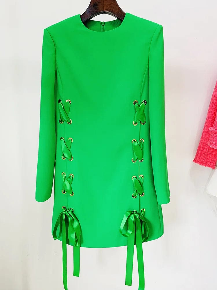 XL / Green OUDINA New Style Celebrity Round Neck Dress Fashion Ribbon Tied Rope Casual Long-sleeved Evening Dresses 2024