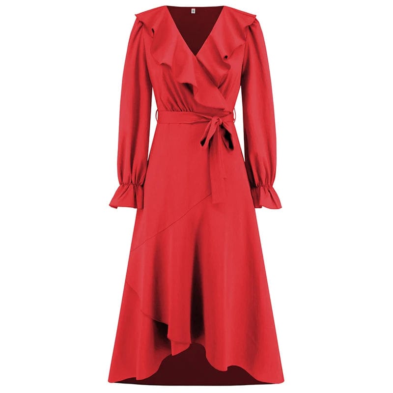 XL / Red spring autumn 2024 korean ladies women elegant chiffon ruffle midi dress women long sleeve elegant casual modest clothing