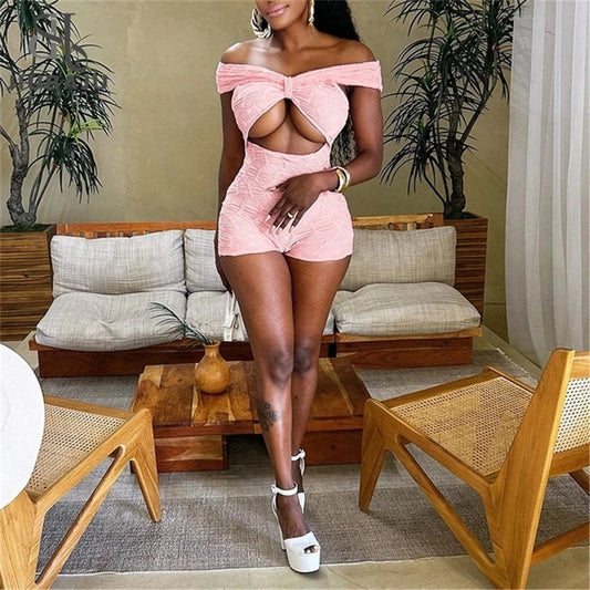 ZHEZHE Summer Pink Offshoulder Bodycon Rompers Party Club Outfit for Women 2024 Y2K Fashion Hollow Out Strapless Sexy Jumpsuits