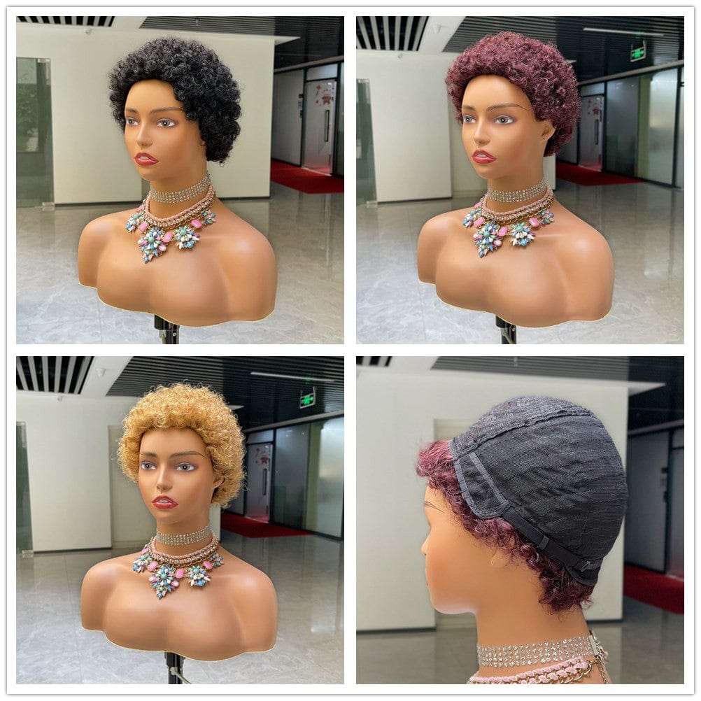 02 Machine Made Short Pixie Cut Lace Front Human Hair Wig Blond Curly Brazilian Bob Lace Frontal Pixie Curls Wig for Black Women