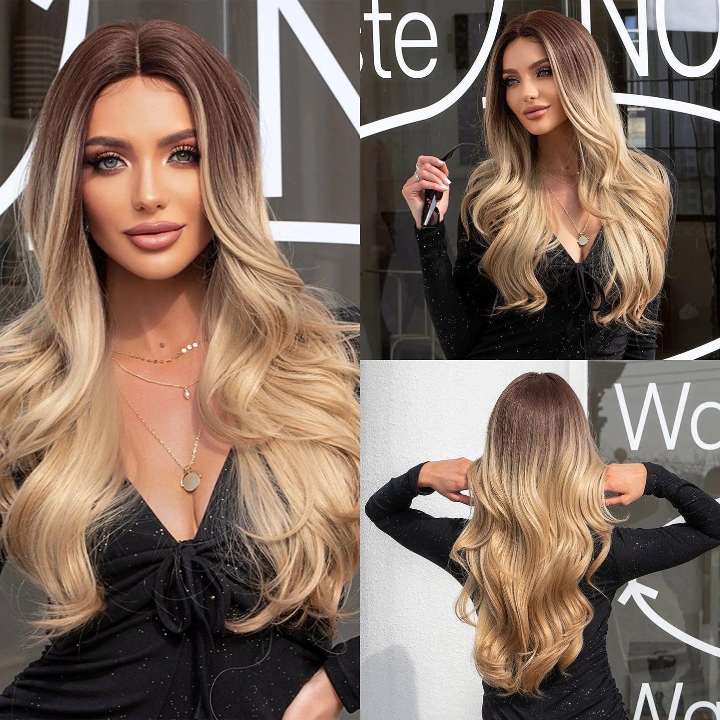 053 MOQ 1 Long Brown Water Wave Synthetic Wig Ombre Light Brown Wigs for Black Women Afro Natural Fluffy Heat Resistant Fibre