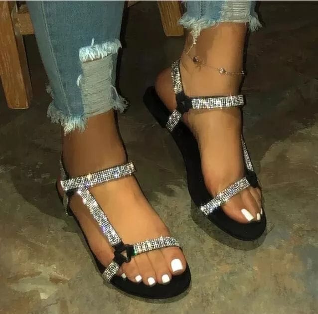 10.5 / Black Women's Shoes Summer New Style Rhinestone Flat Sandals Women's Large Size