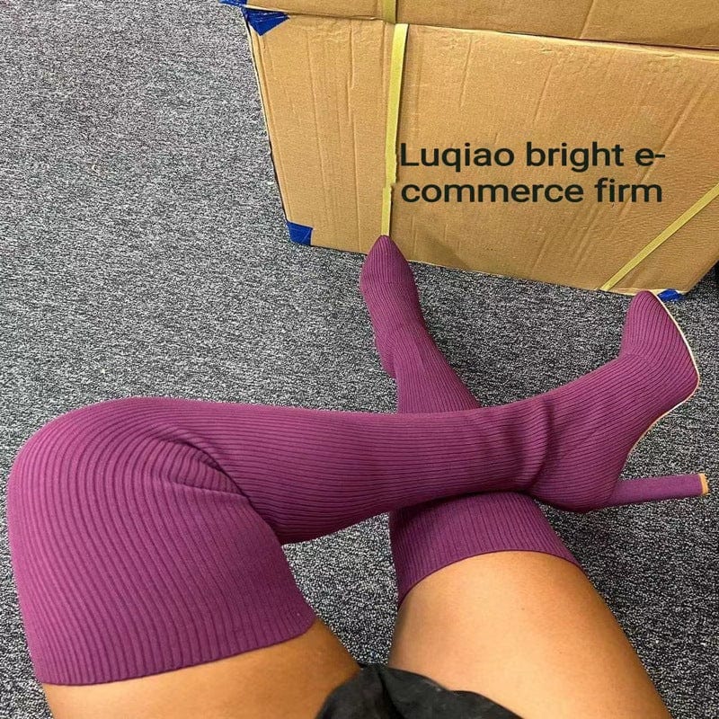 10.5 (EUR Size 43) / Purple LE SLIDES WinterPlus size elastic over-the-knee knitted boots fashion high-heeled thick-heeled wool socks boots