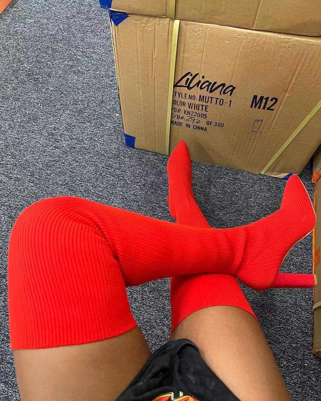 10.5 (EUR Size 43) / Red LE SLIDES WinterPlus size elastic over-the-knee knitted boots fashion high-heeled thick-heeled wool socks boots