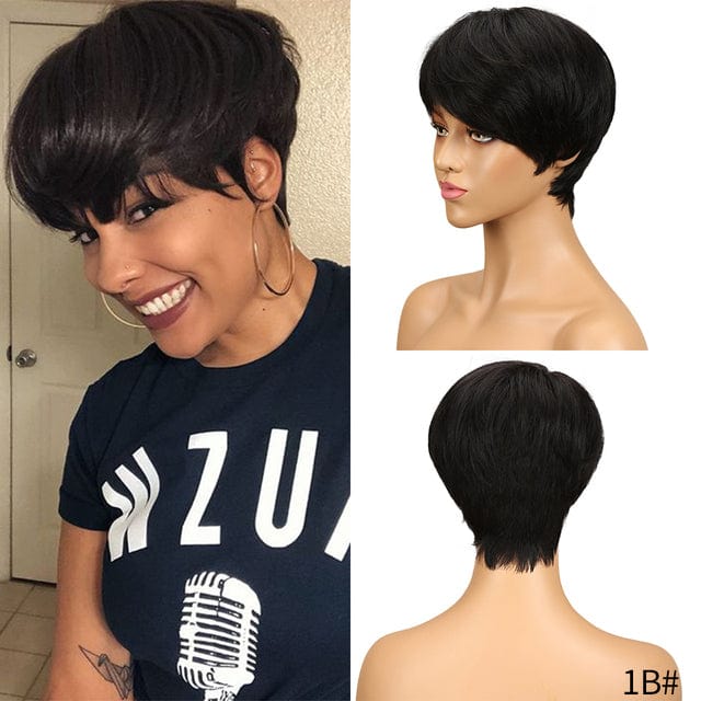 10 Inches / 1B Cheap Short Straight Wig With Bang Pixie Cut Brazilian Full Machine made Natural black Red Brown Human Hair Wigs For black women