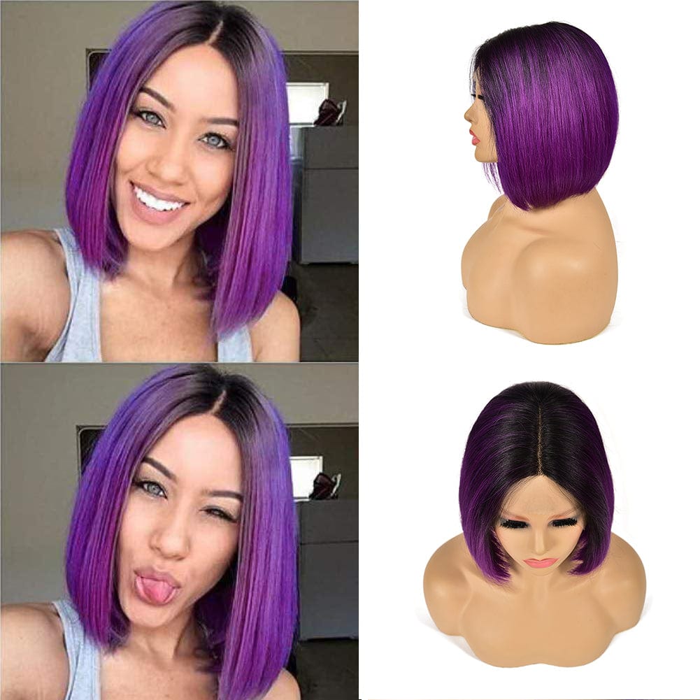 10 Inches / 1B-Purple# YBR Wholesale Brazilian Hair Virgin Human Hair T Part Lace Front Wigs 13x1x4 Swiss Lace Short Gray Bob Wig Silky Straight Wigs