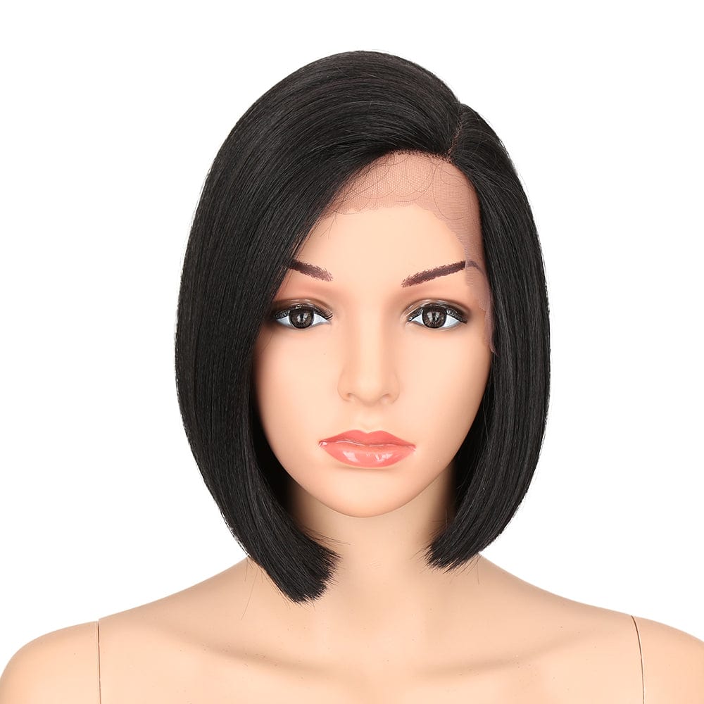 10 Inches / 1B sleek short bob wig wholesale high temperature cheap heat resistant lace bob straight  frontal synthetic hair wig for women