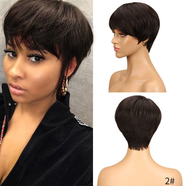 10 Inches / #2 Cheap Short Straight Wig With Bang Pixie Cut Brazilian Full Machine made Natural black Red Brown Human Hair Wigs For black women