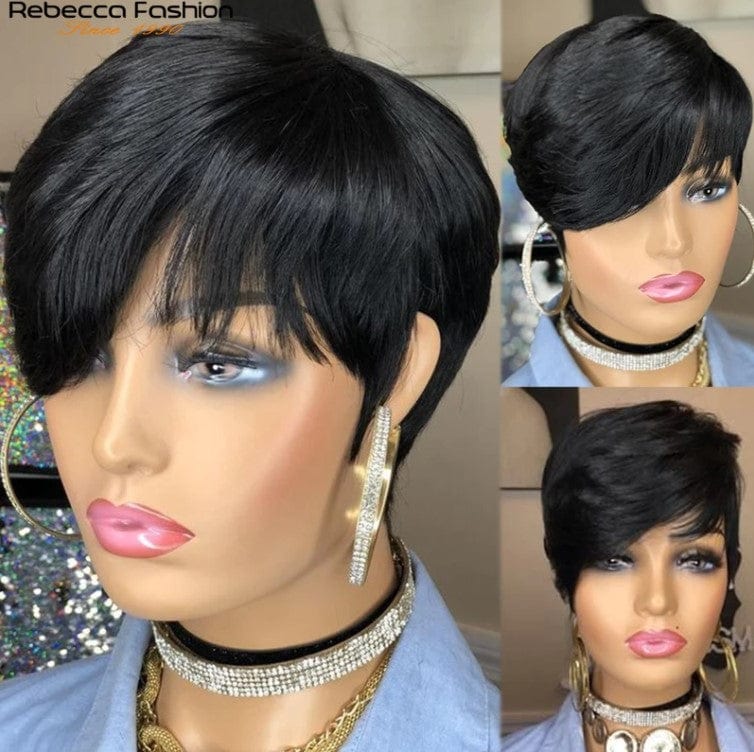 10 Inches / #4 Cheap Short Straight Wig With Bang Pixie Cut Brazilian Full Machine made Natural black Red Brown Human Hair Wigs For black women