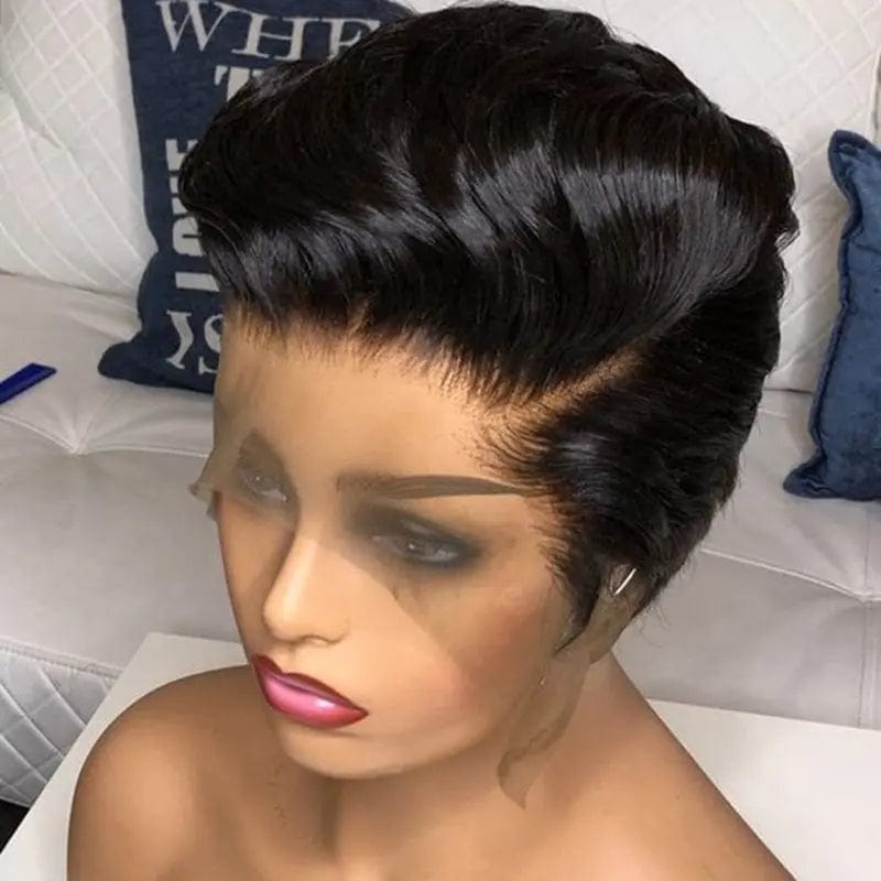 10 Inches / #Black Straight Short Pixie Cut Curly Wigs Pre Plucked Natural Hairline Brazilian Human Virgin Hair 13*4 Lace Front Wigs