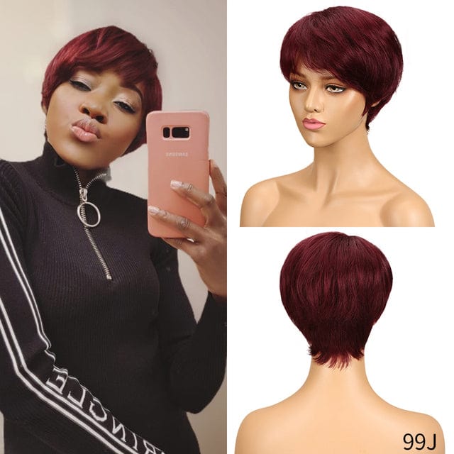 10 Inches / F1B/99J Cheap Short Straight Wig With Bang Pixie Cut Brazilian Full Machine made Natural black Red Brown Human Hair Wigs For black women