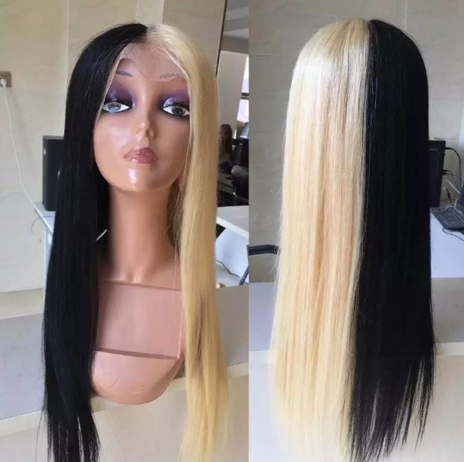 10 Inches / Half Blonde Half Black Sexy New Design Half Blonde 613 Half Black Hand Made Human Hair Front Lace Wig  Baby Hair 150% Density  Lace Front Wig For Women