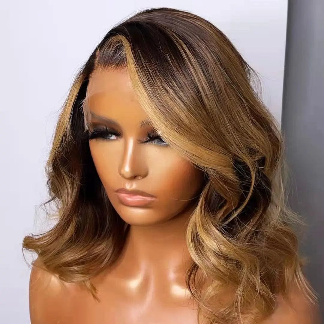 10 Inches / highlight brown lace front Hot Selling Highlight Brown Wavy Short Bob Wig Human Hair Lace Front Wigs T-part Wigs