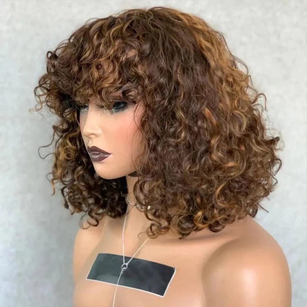 10 Inches / Highlights Brown Highlights Brown Deep Loose Wave Bob Wig with Bangs Lace Front Wigs for Black Women