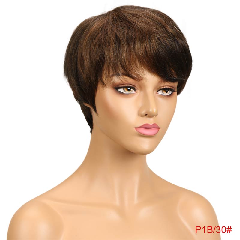 10 Inches / P1B/30 Cheap Short Straight Wig With Bang Pixie Cut Brazilian Full Machine made Natural black Red Brown Human Hair Wigs For black women