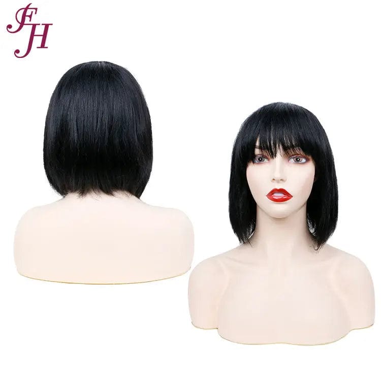 10 Inches / Q10379 FH Wholesale Wigs 10 Inch Natural Black 100% Human Hair Straight Machine Made Bob Wig For Black Women