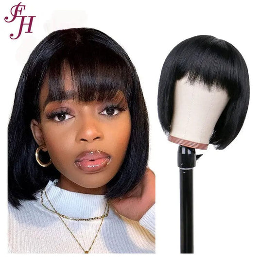 10 Inches / Q10379 FH Wholesale Wigs 10 Inch Natural Black 100% Human Hair Straight Machine Made Bob Wig For Black Women