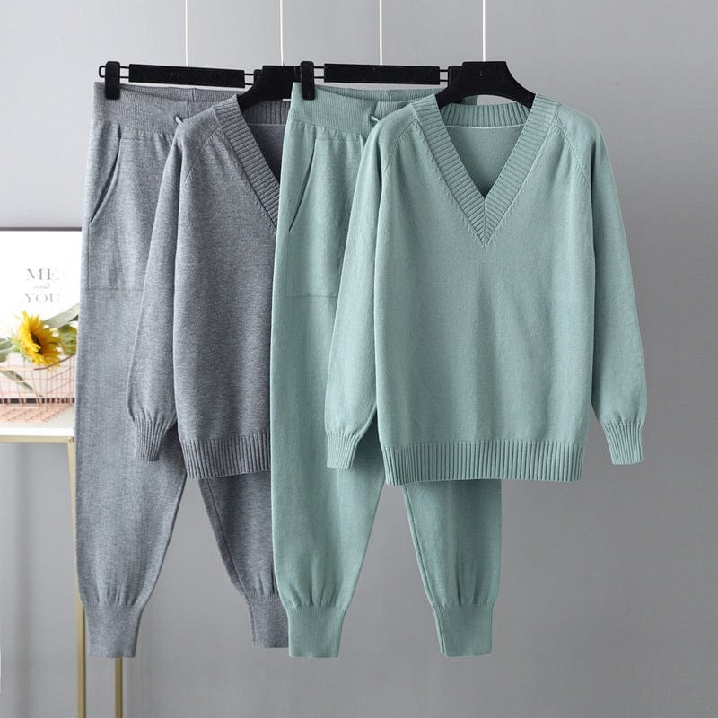 10%OFF One Size Autumn/Winter New Sweater Harem Pants With Pocket Suit Casual V-Neck Sweater Pullover Two Piece Set