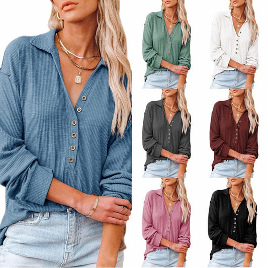 10%OFF S-2XL European and American women's clothing autumn and winter new long-sleeved lapel V-neck shirt pit strip lapel top