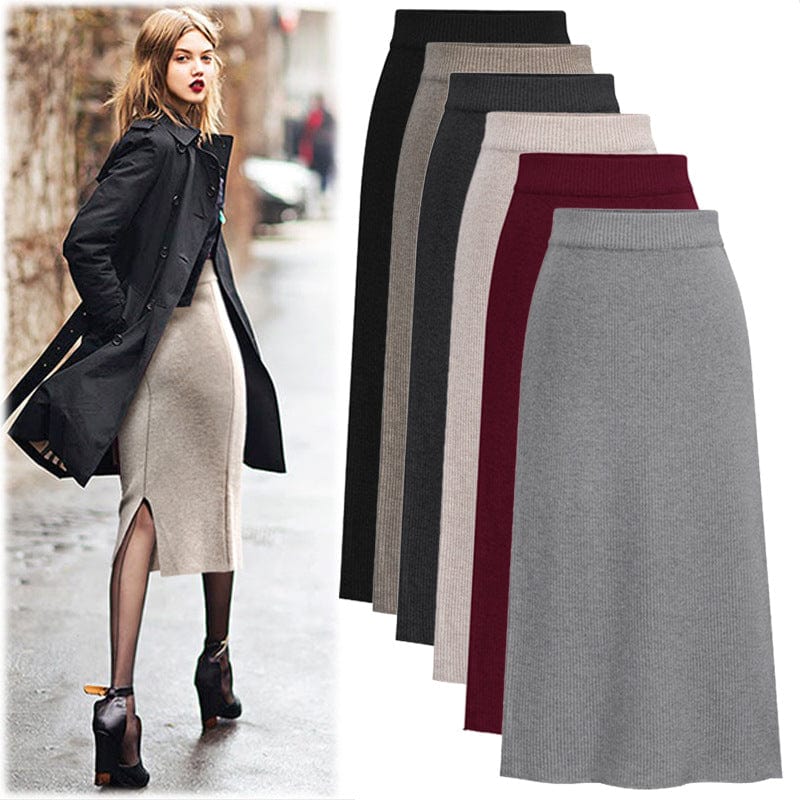 10%OFF S-6XL Spring/summer large size skirts mid-length wool knitted slit bag hip skirt one-step high waist skirt