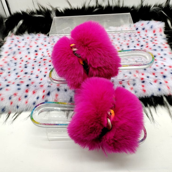 10 / Pink 1 2022 Summer Women Flat Fur Slides for Women Rhinestone Casual Slides Jelly Sandals Ladies Fluffy Slippers