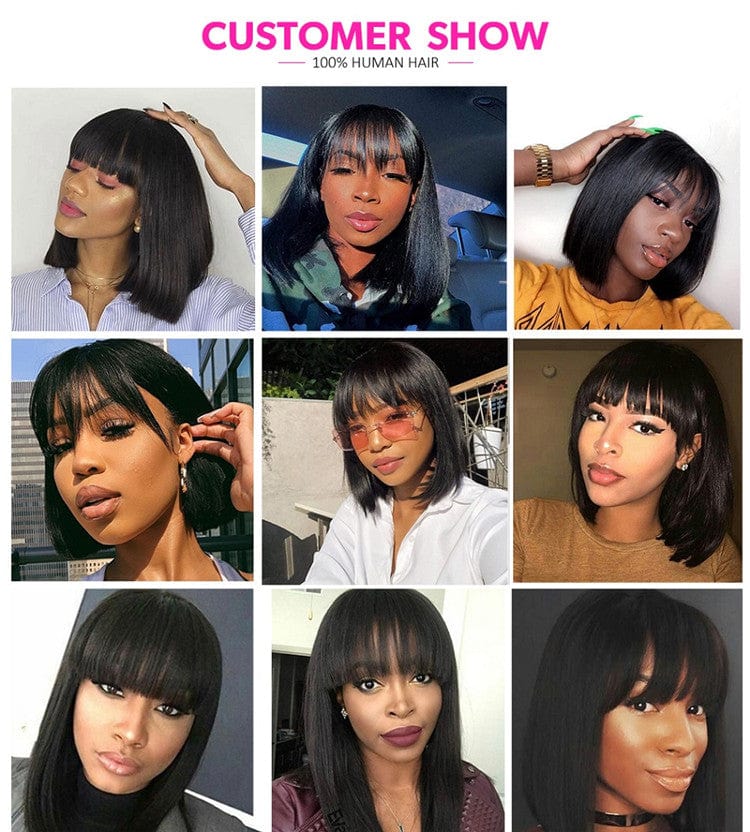 100% natural black short bob wig with bangs for black women, brazilian virgin remy straight human hair fringe bob style cut wig