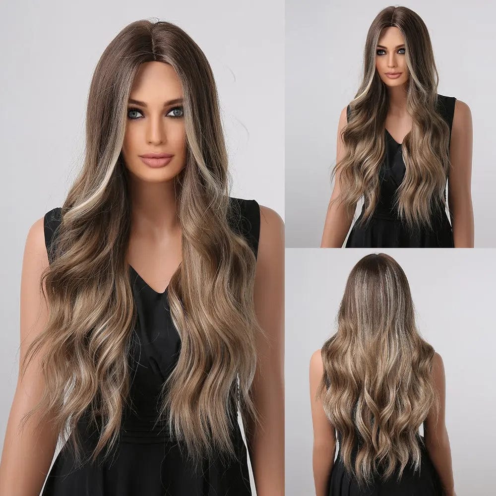 1004 MOQ 1 Long Brown Water Wave Synthetic Wig Ombre Light Brown Wigs for Black Women Afro Natural Fluffy Heat Resistant Fibre