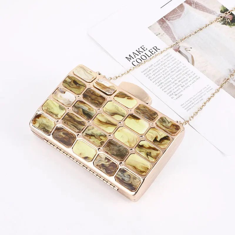 11*2.5*17cm / Golden New One Shoulder Dinner Bag European And American Style Metal Chain Acrylic Square Clutch Evening Bag For Women