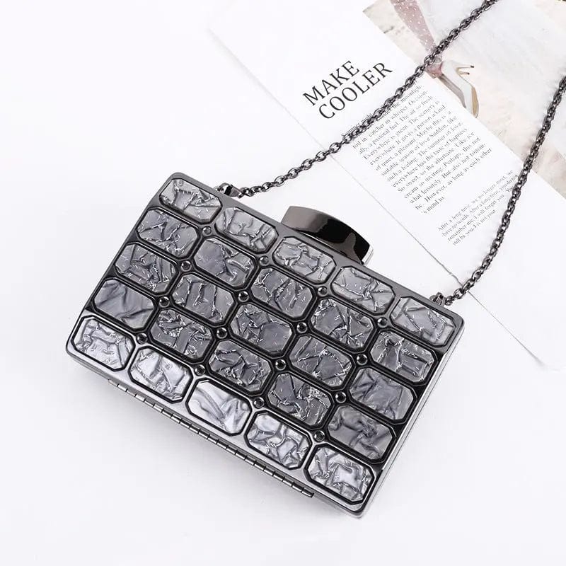 11*2.5*17cm / Gray New One Shoulder Dinner Bag European And American Style Metal Chain Acrylic Square Clutch Evening Bag For Women