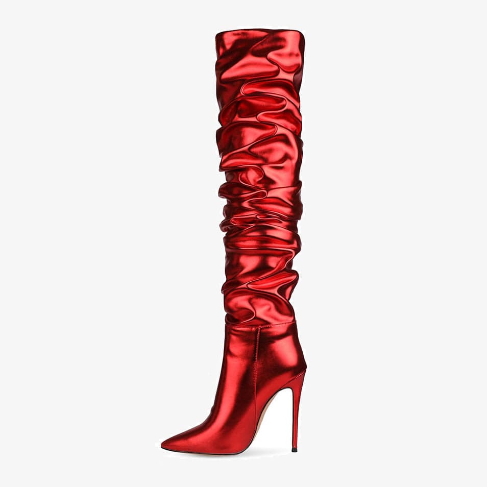 11 / Red TX new design side zipper folding pointed toe  red ladies stiletto shoes over the knee long boots thigh high  for women