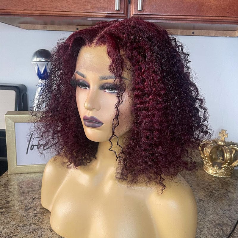 12 Inches / 130% Denstiy Wholesale Deep Curly 360 Full HD Lace Frontal Human Hair Wig # 99J Short Bob Lace Front Wigs for Black Women