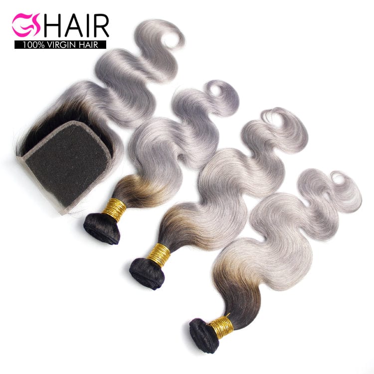 12 Inches / 4x4 gary wholesale 100% human hair grey extension weave bundle with closure , ombre gray human hair Swiss lace front wigs