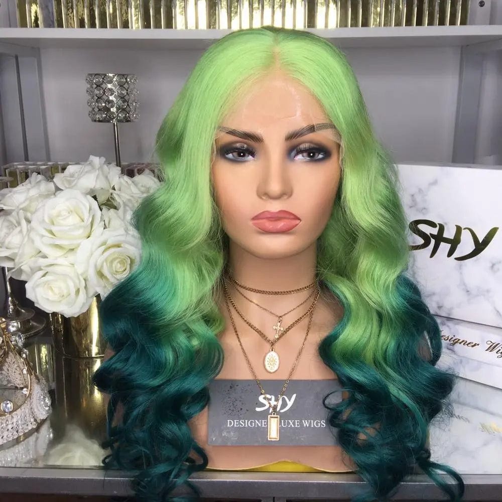 12 Inches / as picture Body Wave Green Wig Lace Front Human Hair