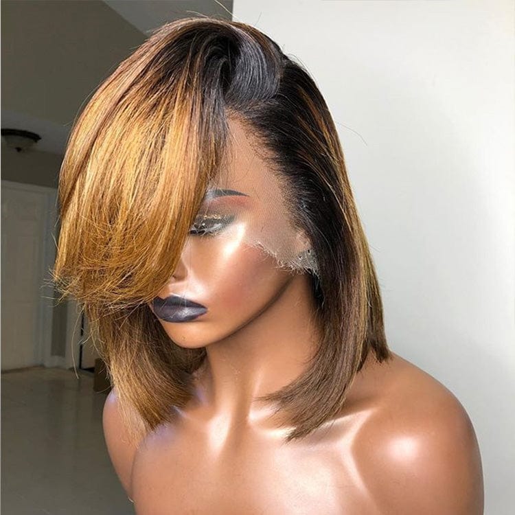 12 Inches / as picture Honey Blonde Ombre Wigs Human Hair Lace Front Short 12 Inches Blunt Cut Bob Side Part Bangs With Natural Looking