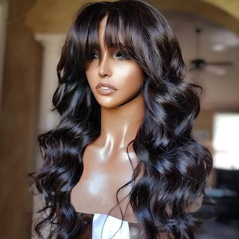 12 Inches / Black Wholesale Brazilian Human Hair Bangs Wig Body Wavy Full Machine Made Human Hair Wig With Bangs Remy Human Hair For Black Women