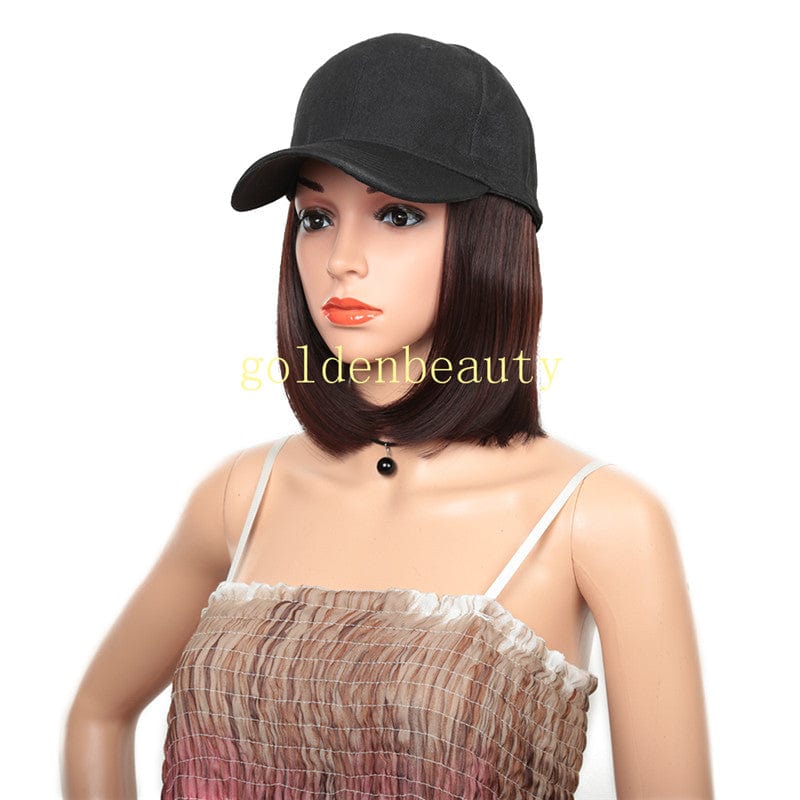 12 Inches / dark brown Bob style short Hat wigs with Synthetic Hair Extension straight hair All-in-one Female  Hat Cap Wig