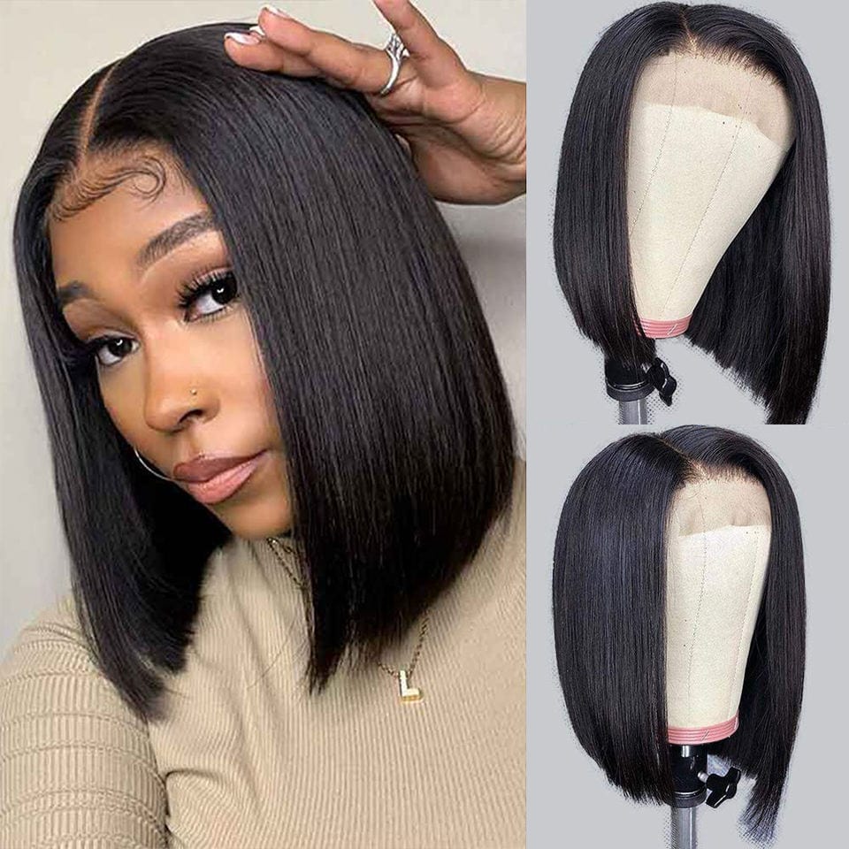 12 Inches / Lace closure wig (black) Free shipping 100% Brazilian Virgin Human Hair Transparent Swiss Lace Wig HD Body Wave Curly Lace Front wigs for Black Women