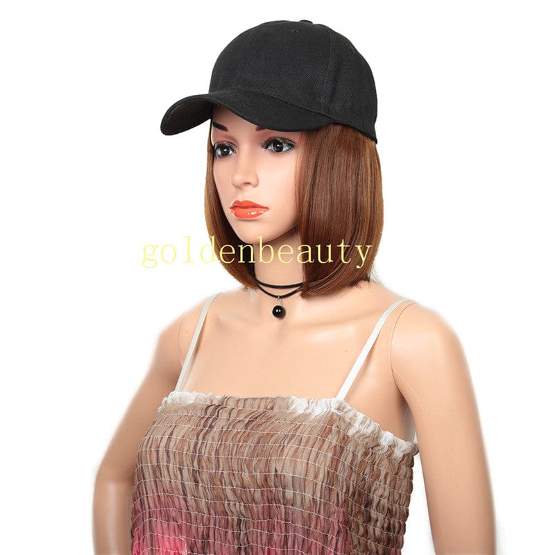 12 Inches / light brown Bob style short Hat wigs with Synthetic Hair Extension straight hair All-in-one Female  Hat Cap Wig