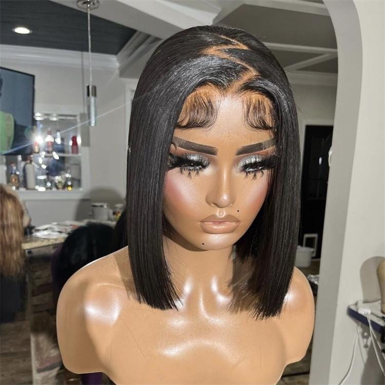 12 Inches / natural black Blunt Cut Short Bob with Zigzag Part Pre Plucked Virgin 100% Human Hair New 13*6*6 Lace Frontal Wigs