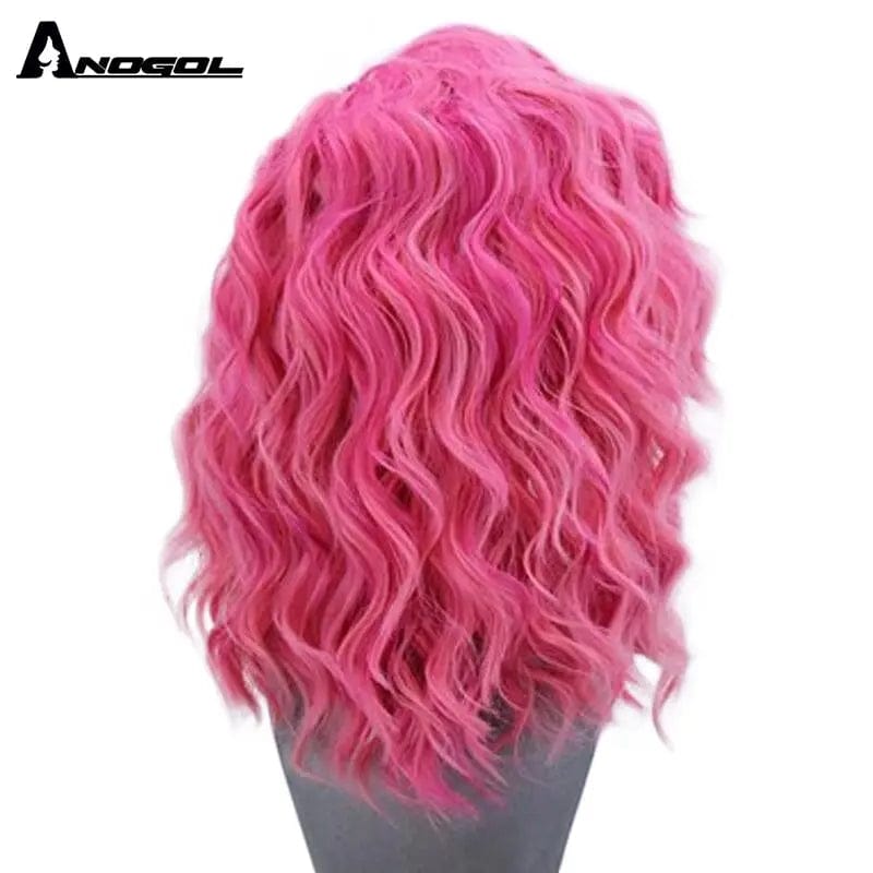 12 Inches / Pink Anogol Short Synthetic Pink Water Wave Glueless Wig