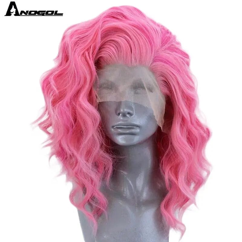 12 Inches / Pink Anogol Short Synthetic Pink Water Wave Glueless Wig